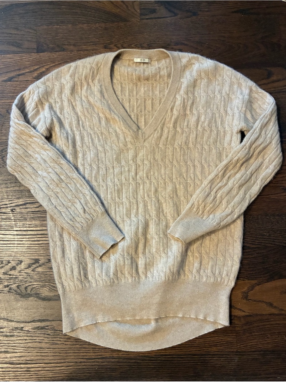 CO Collection Beige V-neck Cashmere Cableknit Oversized Sweater S (fits up to L)